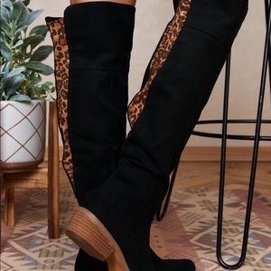 Black cheetah print over the knee boots
